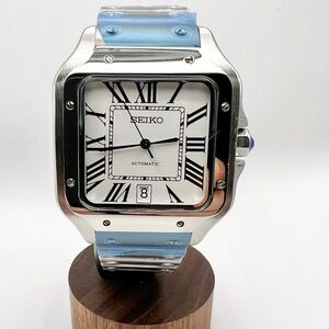 Custom Seiko Santos Mod Watch with White Dial Blue Hands